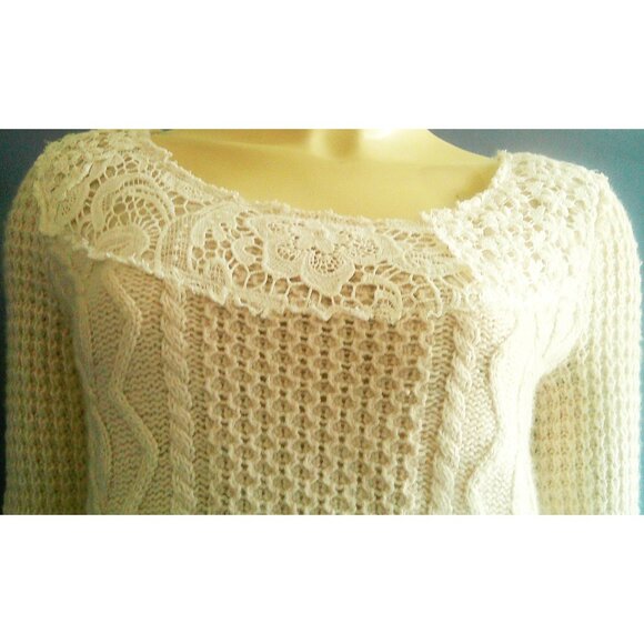 Free People Cream Lace Neckline Cabled Cropped Sweater M - Picture 4 of 11